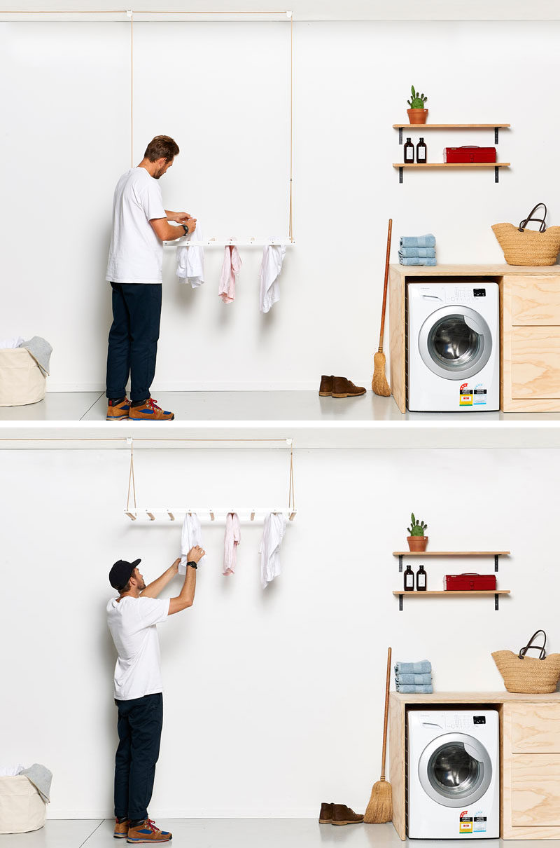 George and Willy have created a modern hanging drying rack, that's suspended from the ceiling using a seamless pulley system, allowing the clothes rack to quickly dry laundry by utilising warm air trapped in the ceiling space. #HangingDryingRack #Design #Laundry