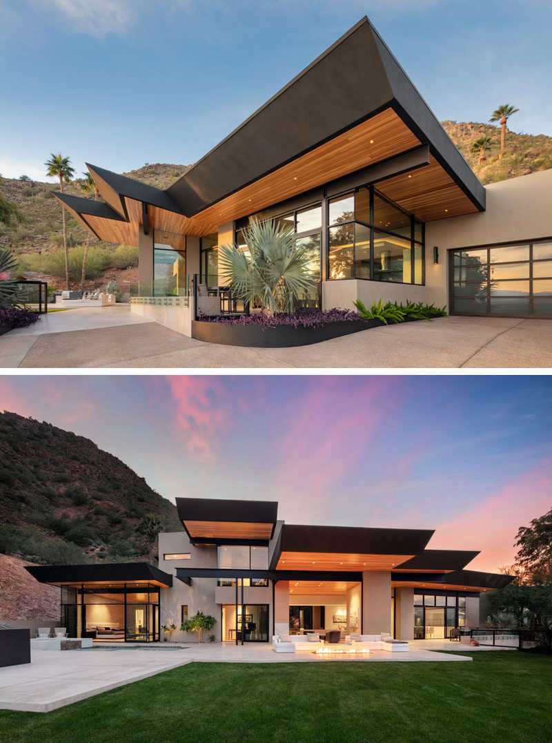 Kendle Design Collaborative have completed a home in Paradise Valley, Arizona, that features angled ceiling planes that radiate out towards the expansive city and mountain views while also defining the various volumes of the home. #ModernArchitecture #ModernHouse