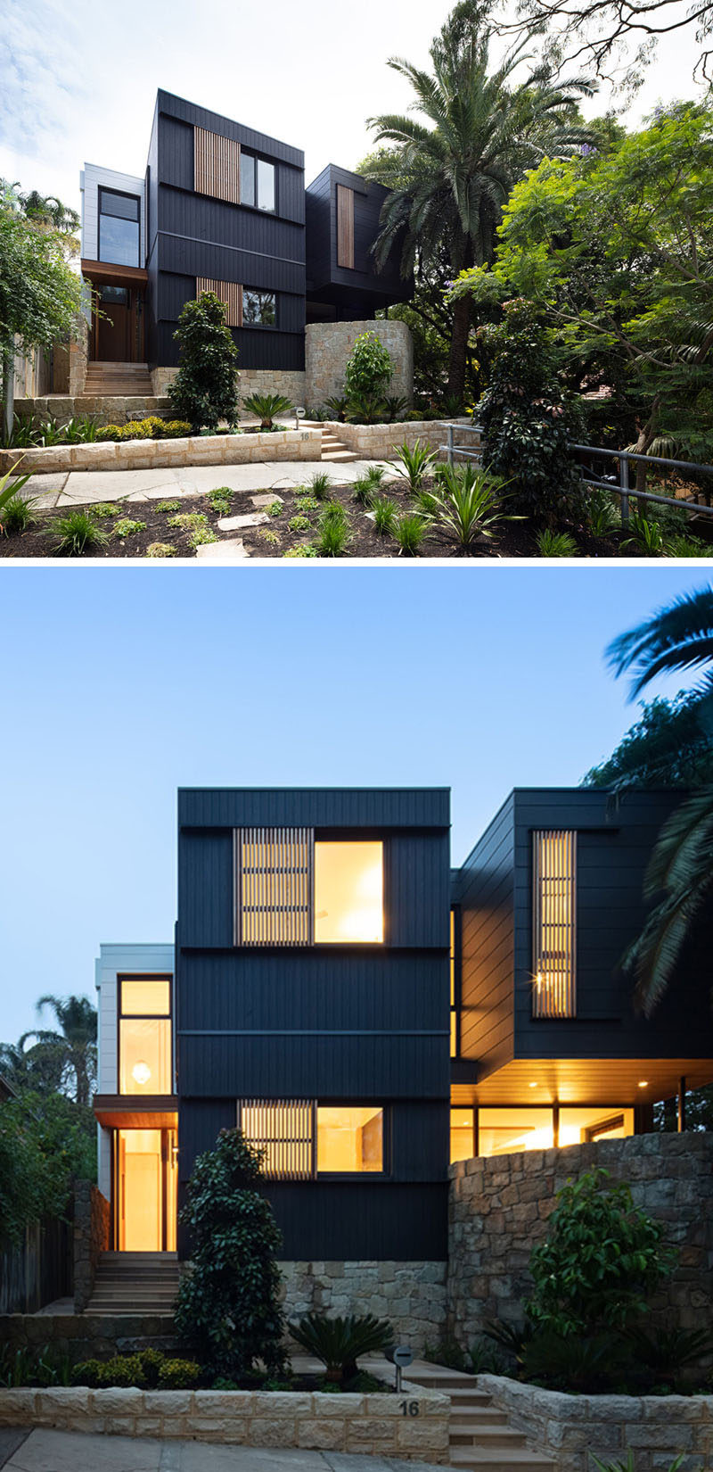 The exterior of the home is clad in Blackened Cambia Ash and Scyon Stria, while sandstone has been used to create a variety of levels in the front garden that leads to the front door of the home. #Landscaping #ModernHouse #Architecture