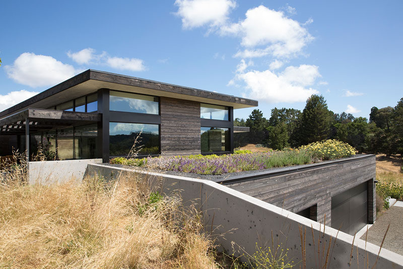 Feldman Architecture designed the Meadow Home, a house in Portola Valley, California, whose design was inspired by the prominent views and beautiful slopes of the land. #ModernHouse #HouseDesign #ModernArchitecture #GreenRoof