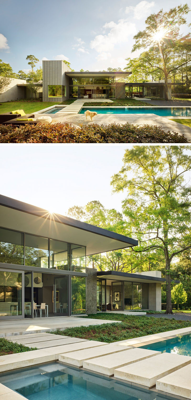 This modern house has been designed with large expanses of glass alternating with masses of Texas limestone, and the backyard has a swimming pool and plenty of space to relax. #ModernHouse #SwimmingPool #Landscaping