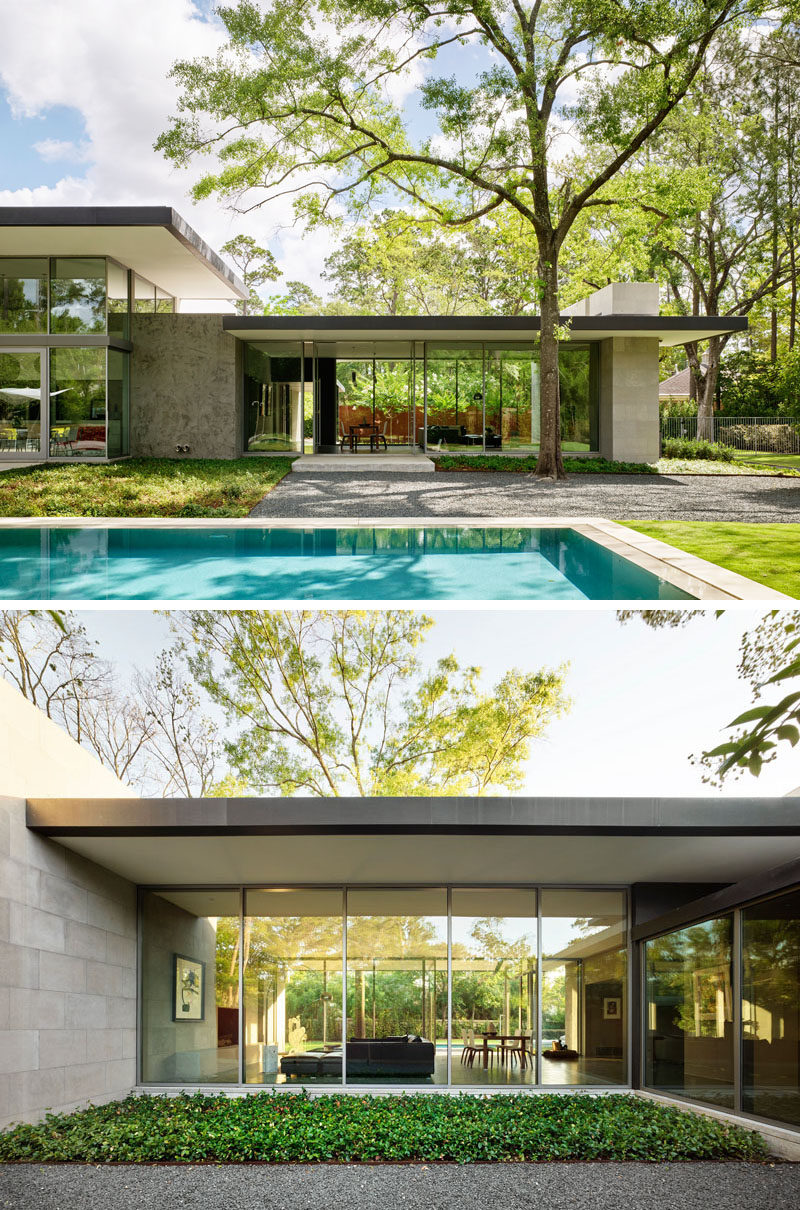 Horizontal roof planes with deep overhangs were used in the design of this modern house to mitigate sun and heavy rains. #HouseDesign #ModernHouse #Architecture