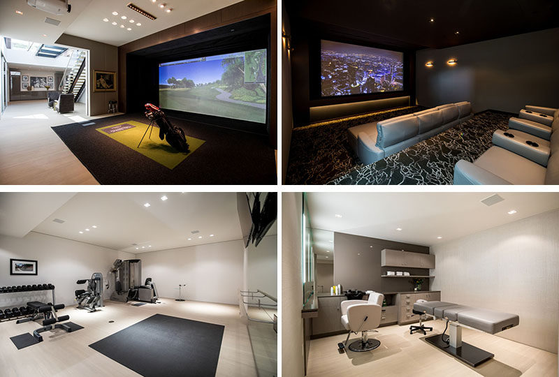 This modern house includes a full gym and weight room, a salon with massage table and full bath with steam shower, a golf simulator, and an 8-seat home theater. #InteriorDesign