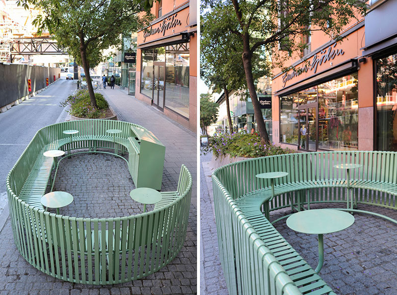 Created from green painted steel, this sculptural outdoor dining area, integrates seating, tables and recycling. #OutdoorSeating #StreetFurniture