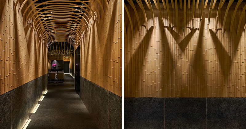 Design Detail - Imafuku Architects designed a Japanese restaurant that features a bamboo entryway that uses bamboo strips to create an arch on the ceiling. #Bamboo #RestaurantDesign #InteriorDesign