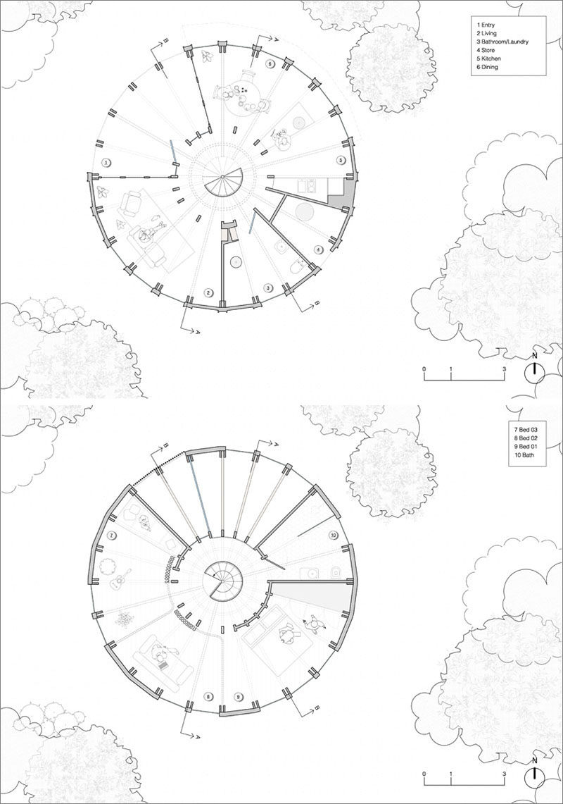 FLOOR PLAN > Austin Maynard Architects has recently completed the St Andrews Beach House, a two storey circular holiday home located on the Mornington Peninsula in Australia. #FloorPlan #Architecture