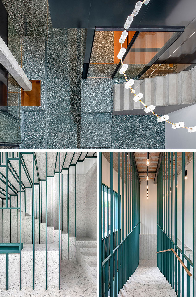 This staircase is held by a fine metal green structure, and white nougat terrazzo lining the walls and floors, takes guests to the upper floor. #Stairs #Staircase