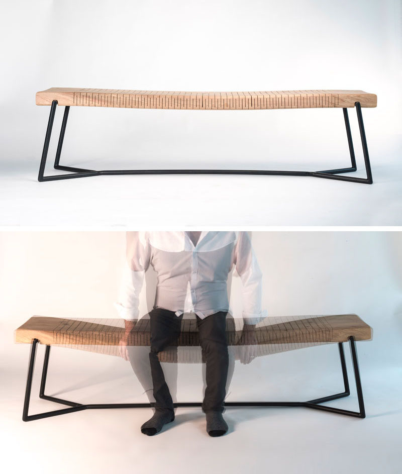 Mexican architect and designer, Ricardo Garza Marcos, has created the BEND Bench, a modern wood bench that features perpendicular cuts along the wood, allowing the seat to be flexible. #Bench #FurnitureDesign