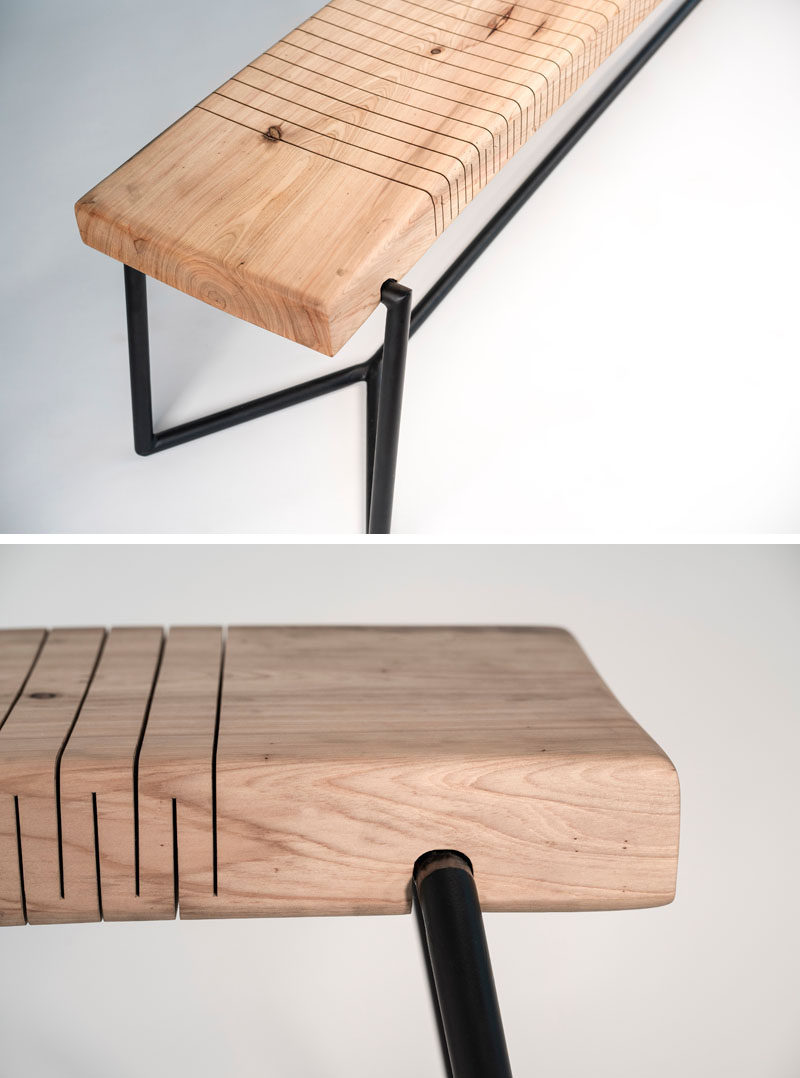 Mexican architect and designer, Ricardo Garza Marcos, has created the BEND Bench, a modern wood bench that features perpendicular cuts along the wood, allowing the seat to be flexible. #Bench #FurnitureDesign