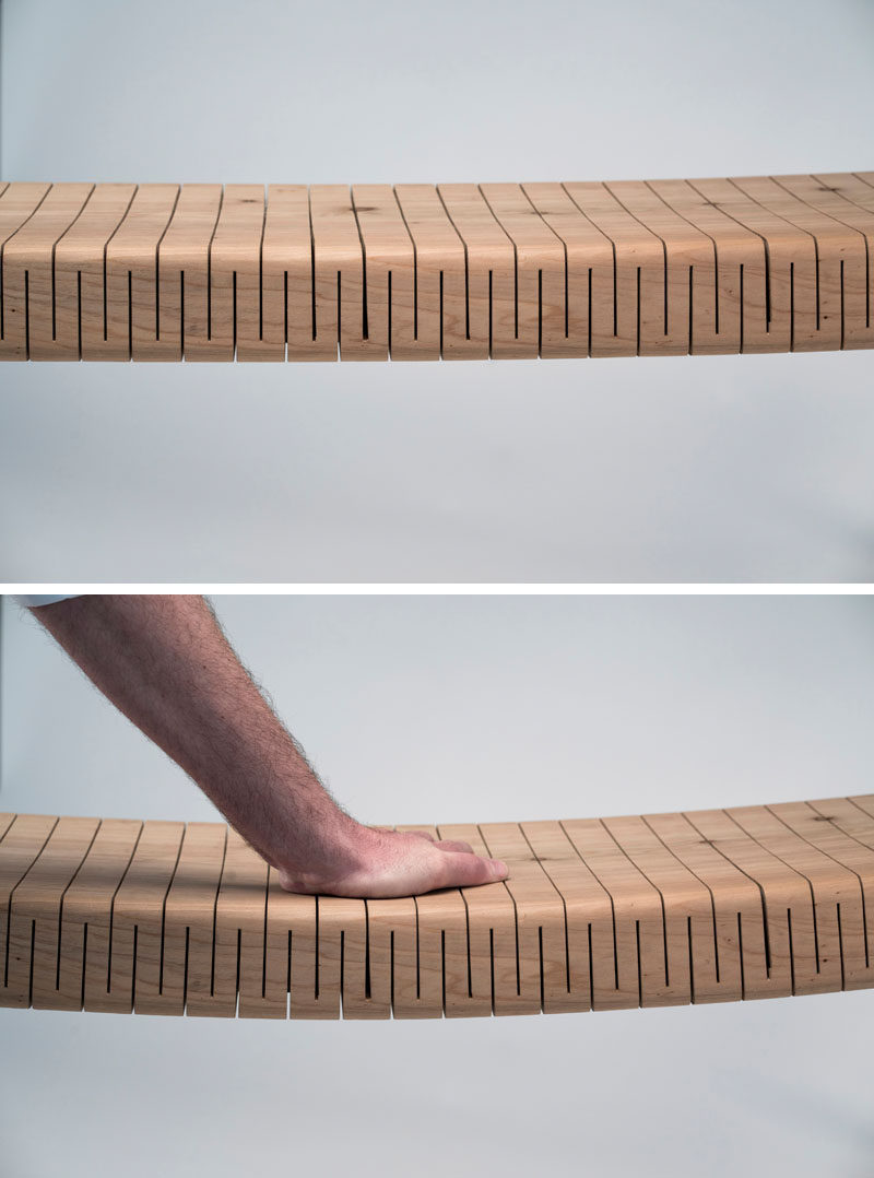 Mexican architect and designer, Ricardo Garza Marcos, has created the BEND Bench, a modern wood bench that features perpendicular cuts along the wood, allowing the seat to be flexible. #Bench #FurnitureDesign