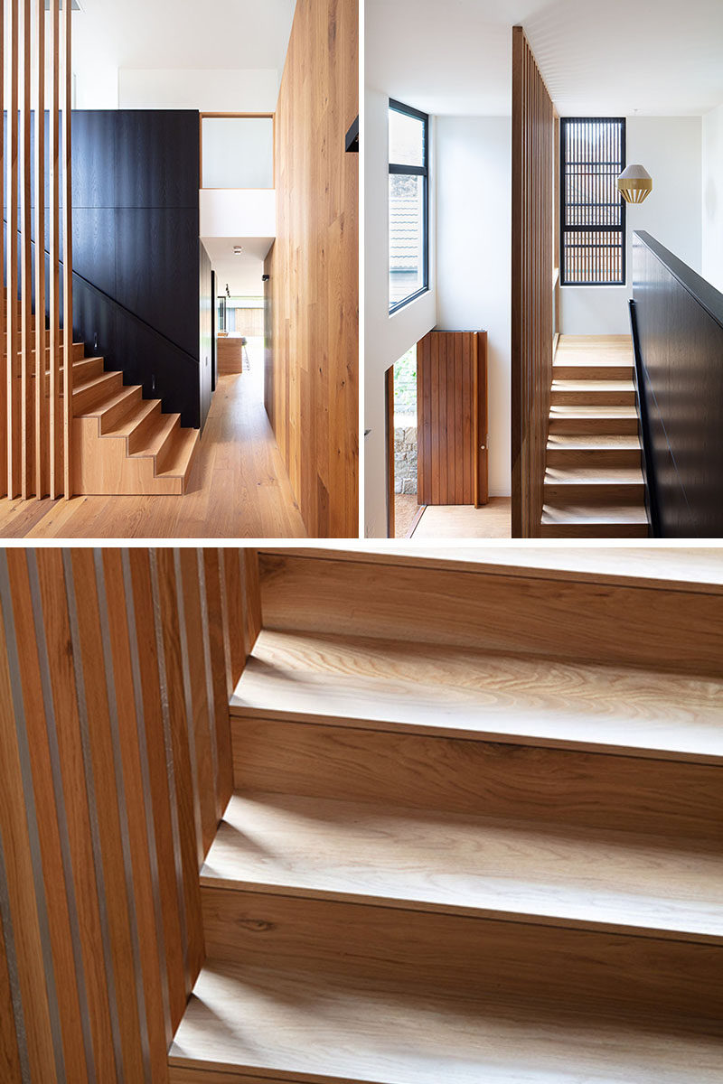 This modern wood staircase uses American Oak timber veneer in its design. #WoodStaircase #Stairs