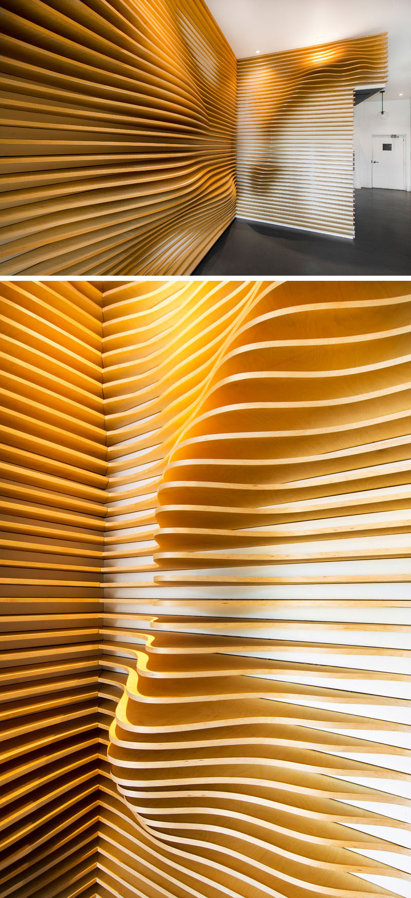 Baran Studio have designed a sculptural accent wall, made from CNC cut plywood, for the lobby of a building in California. #WoodAccentWall #WoodWall #AccentWall #OfficeDesign