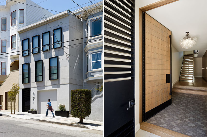 The home’s front facade features cementitous panels above with stone slabs at street level, while the windows are framed with ancillary steel boxes. #Architecture #FrontDoor