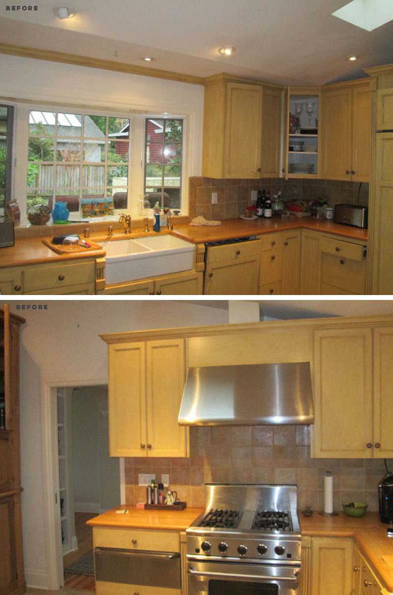 BEFORE PHOTO - This dated kitchen received a complete update, with new wood cabinets, skylights, and marbled countertops. #KitchenRenovation