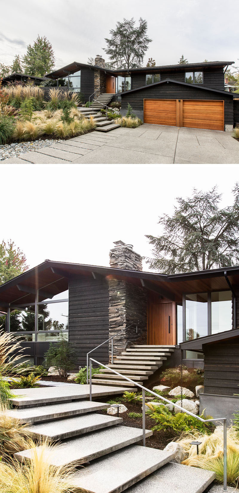 This renovated house has large concrete steps surrounded by landscaping lead up to the front door beside the stone fireplace chimney. #RenovatedHouse #UpdatedHouse #ModernLandscaping #FrontGarden