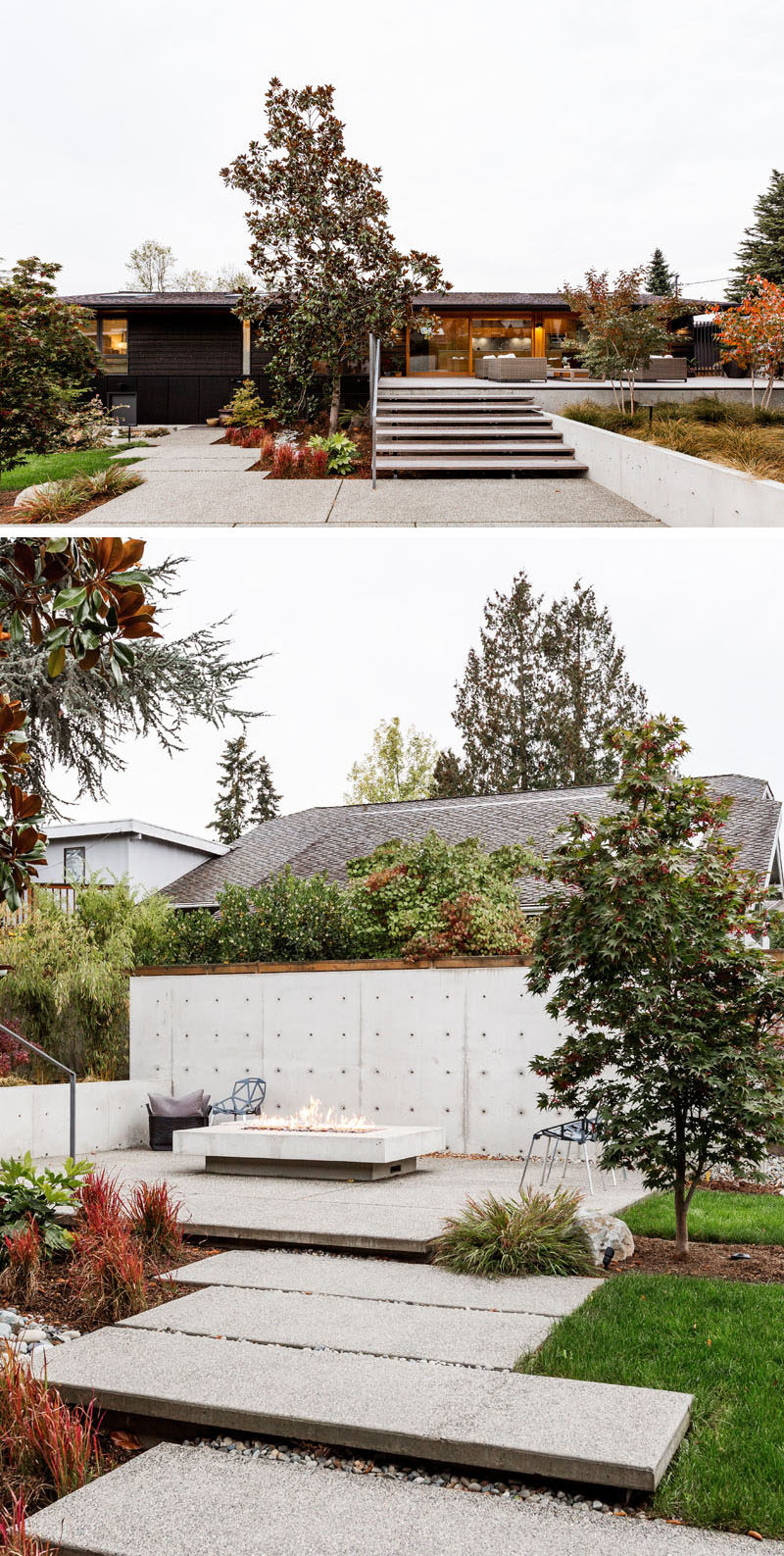 This completely updated rear garden has been landscaped, with stairs leading down from the outdoor lounge area to a path that connects to a secondary seating area with an outdoor fireplace. #ModernBackyard #LandscapeDesign