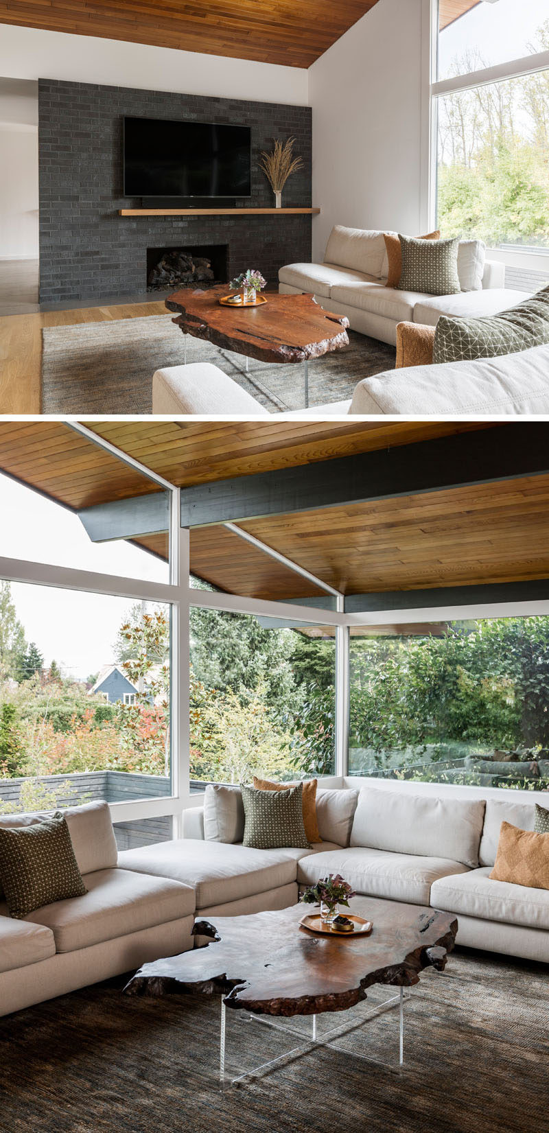 This updated living room makes use of the dark brick to create an accent wall that surrounds the fireplace, while on the ceiling, black beams contrast the wood ceiling. #ModernLivingRoom #BlackBrick #Windows