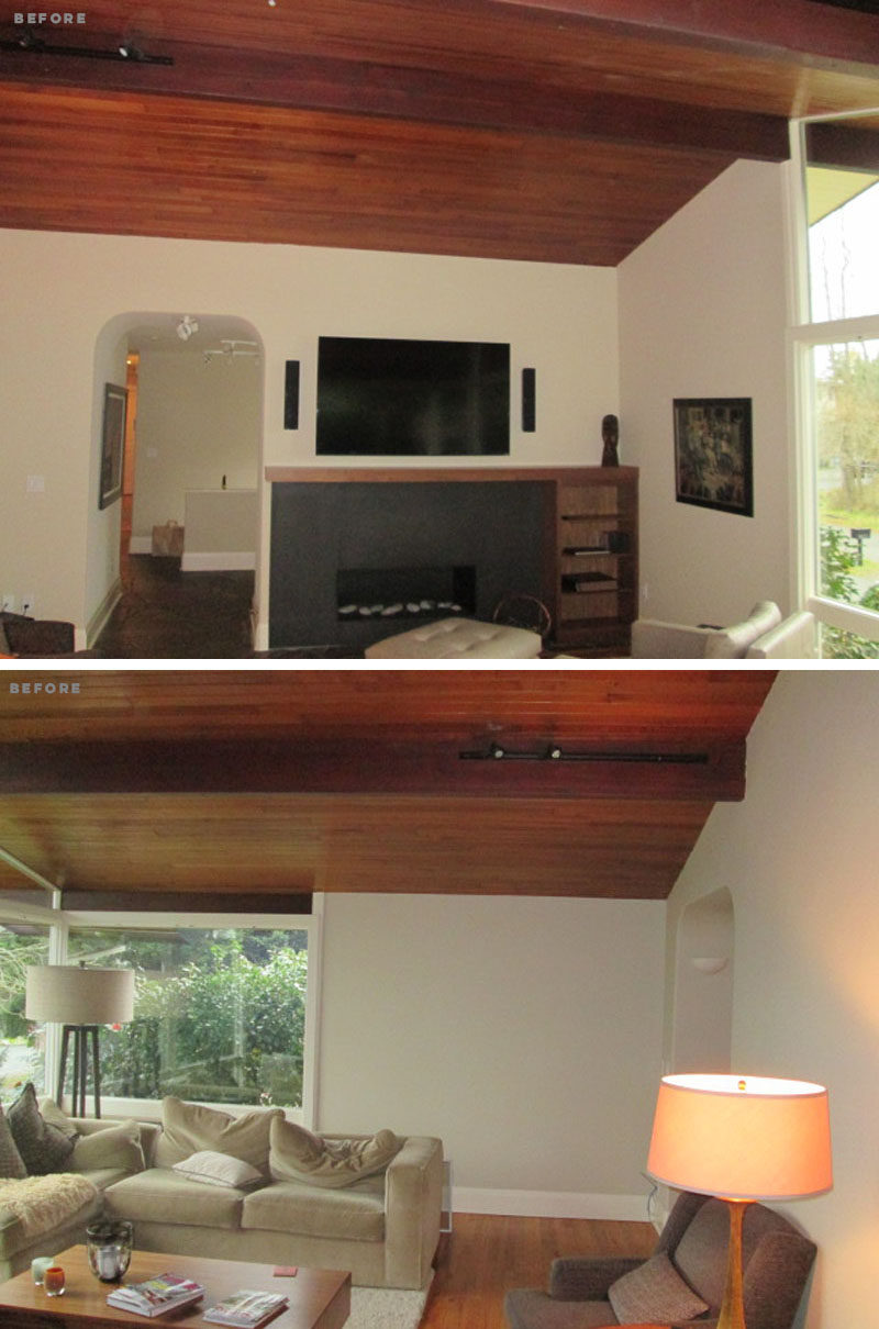 BEFORE PHOTO - This living room was transformed into a bright space with a black brick accent wall around the fireplace and black beams on the ceiling. #LivingRoomRenovation