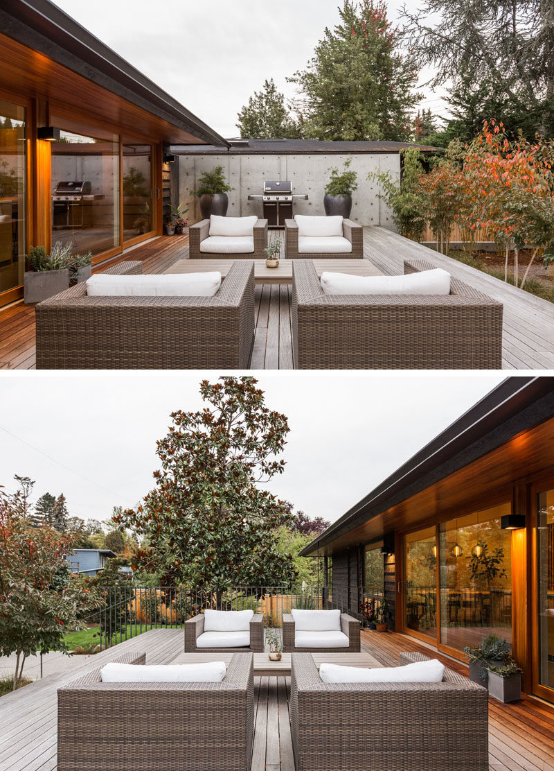 This renovated house opens up to the the patio and yard in a more direct way. Fir decking was used to create a more natural and modern appearance for the outdoor lounge. #Patio #OutdoorLounge