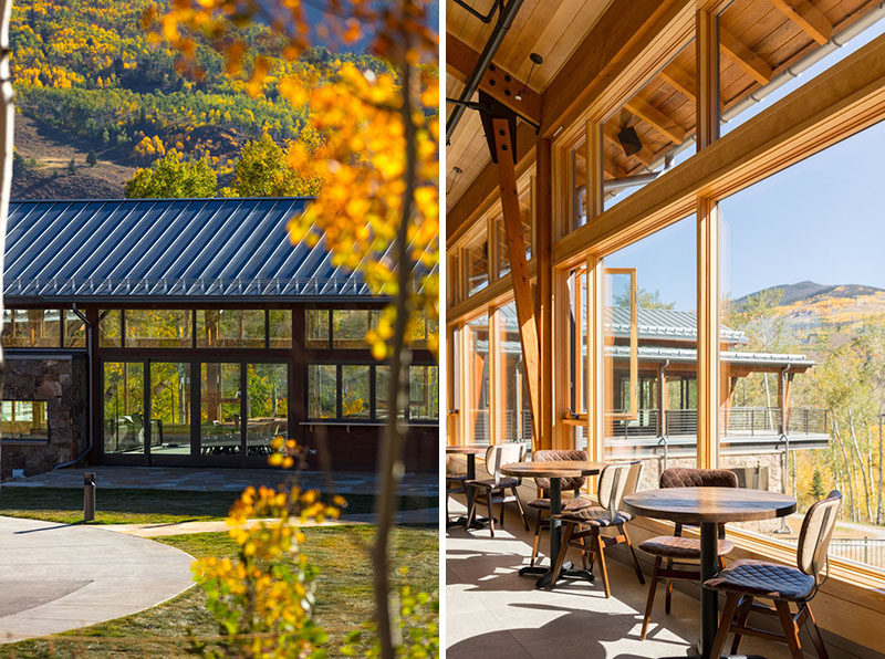 This modern building at a ranch in Colorado is surrounded by large floor-to-ceiling windows that allows visitors to enjoy the views of the surrounding mountains, even during the colder months. #Windows #Ranch #Architecture