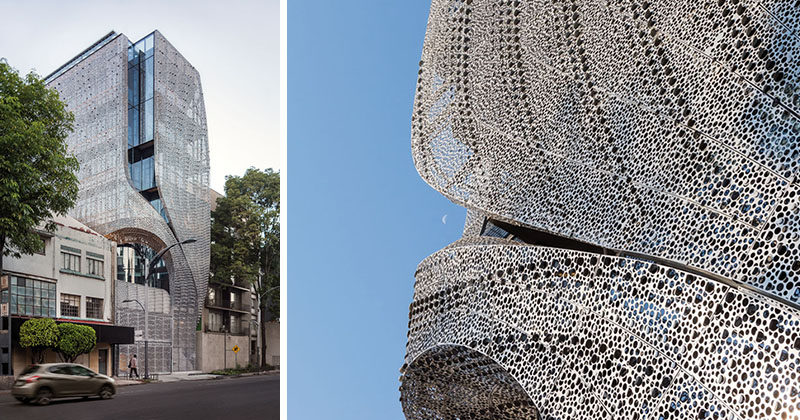 This modern office building in Mexico City, Mexico, has a perforated carbon-steel screen facade that follows the shape of the building, and has a delicate pattern that provides interior shadows and ventilation. #ModernArchitecture #ModernBuilding #BuildingFacade