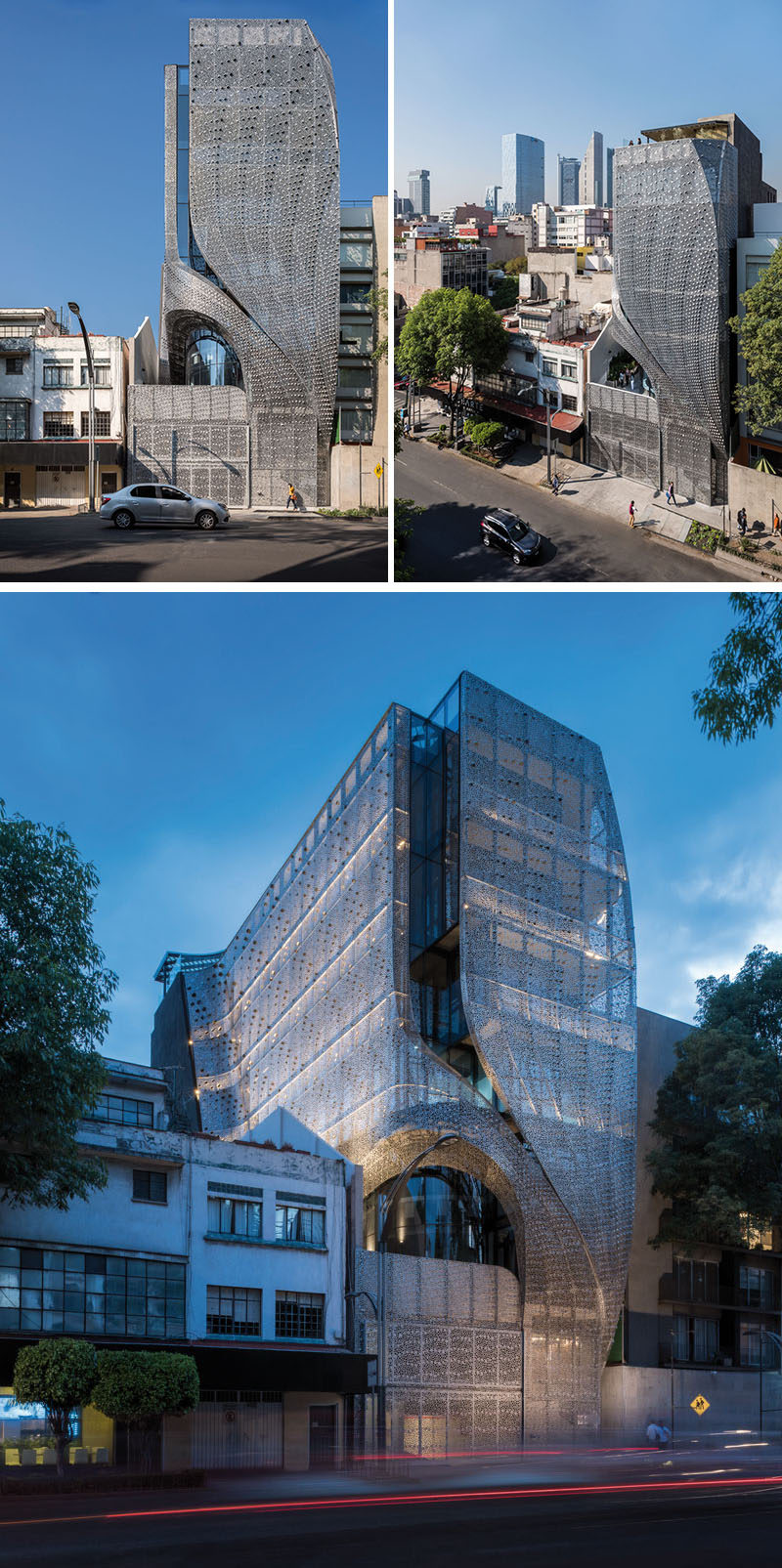 This modern office building in Mexico City, Mexico, has a perforated carbon-steel screen facade that follows the shape of the building, and has a delicate pattern that provides interior shadows and ventilation. #ModernArchitecture #ModernBuilding #BuildingFacade