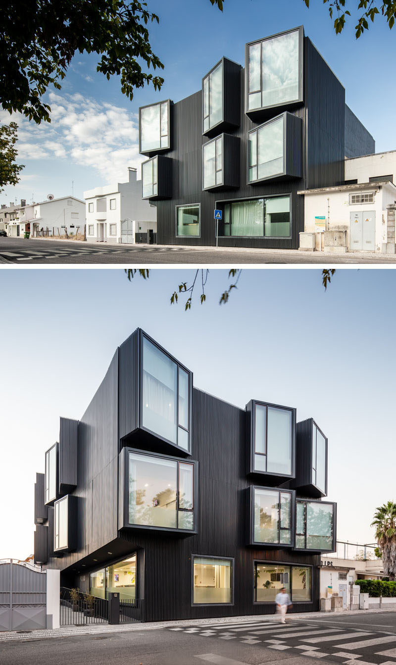 Architecture firm Nuno Piedade Alexandre has designed a elderly care home that features a black slat facade with protruding angled windows. #Architecture #Windows #BlackBuilding #BuildingDesign
