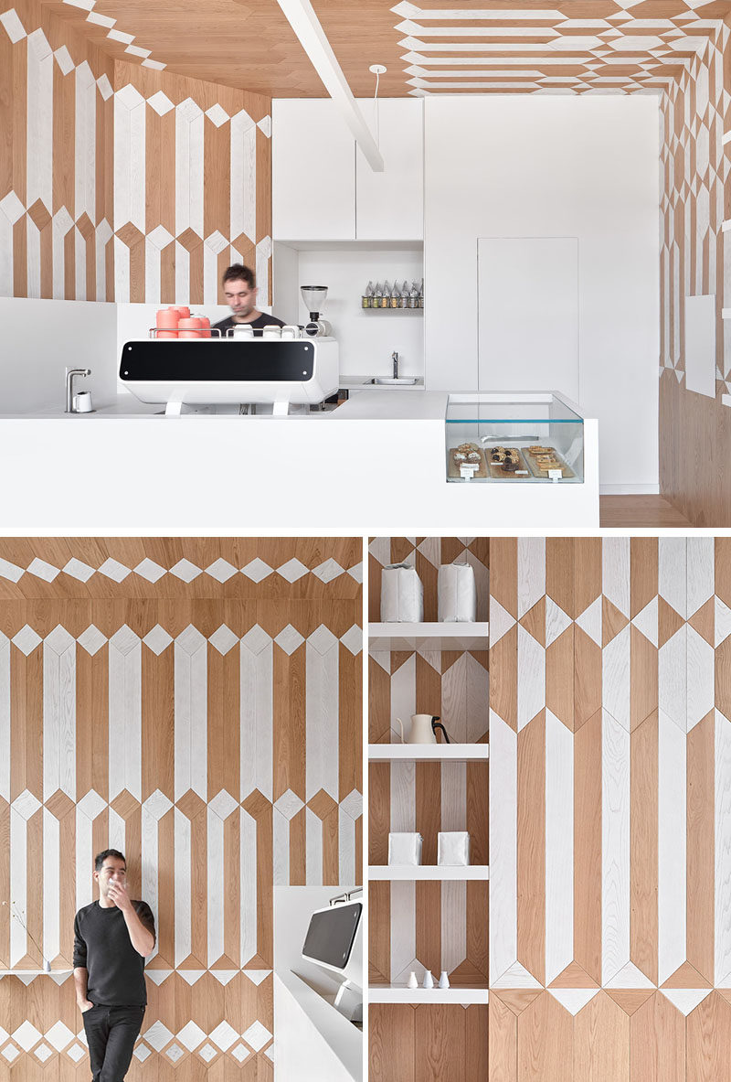 This modern coffee shop has a fun and bright geometric pattern on the walls, floor, and ceiling, made from white-washed wood and natural wood. #CoffeeShop #Cafe #InteriorDesign #RetailDesign