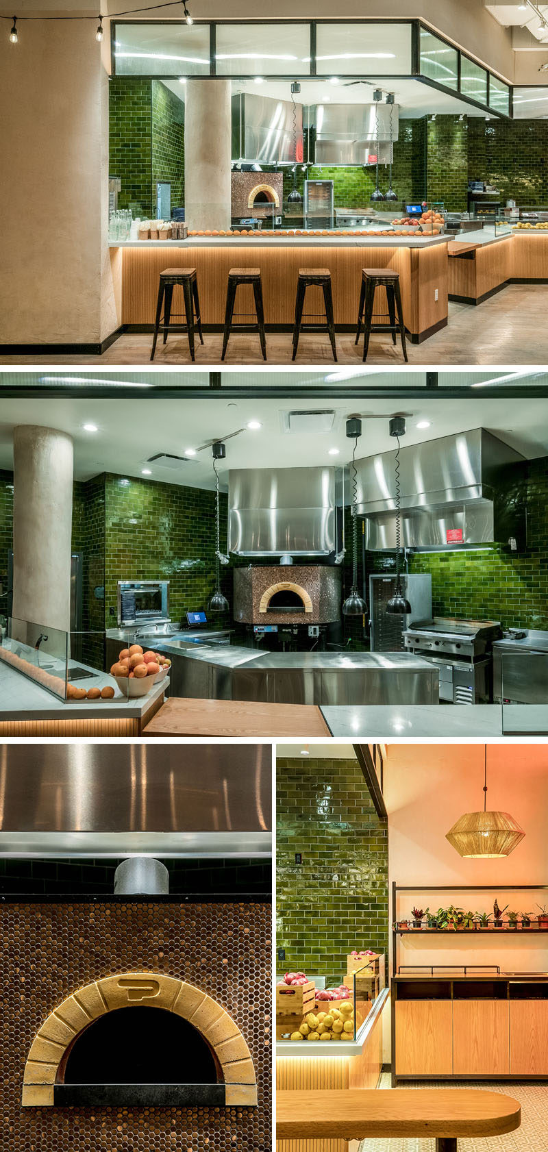 This modern restaurant has an open kitchen layout and a copper coated Taboon Oven that acts as a focal point. The kitchen’s backsplash is covered in Emerald Clear Moresque tiles, with quartz "ZODIAQ" London Sky countertops, and tambour wood paneled facades. #ModernRestaurant #GreenTiles