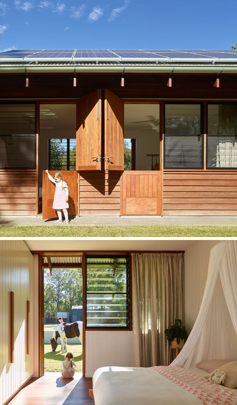 Some of the bedrooms of this modern home have a Dutch door, adding a fun farm-inspired accent to the house. #DutchDoor