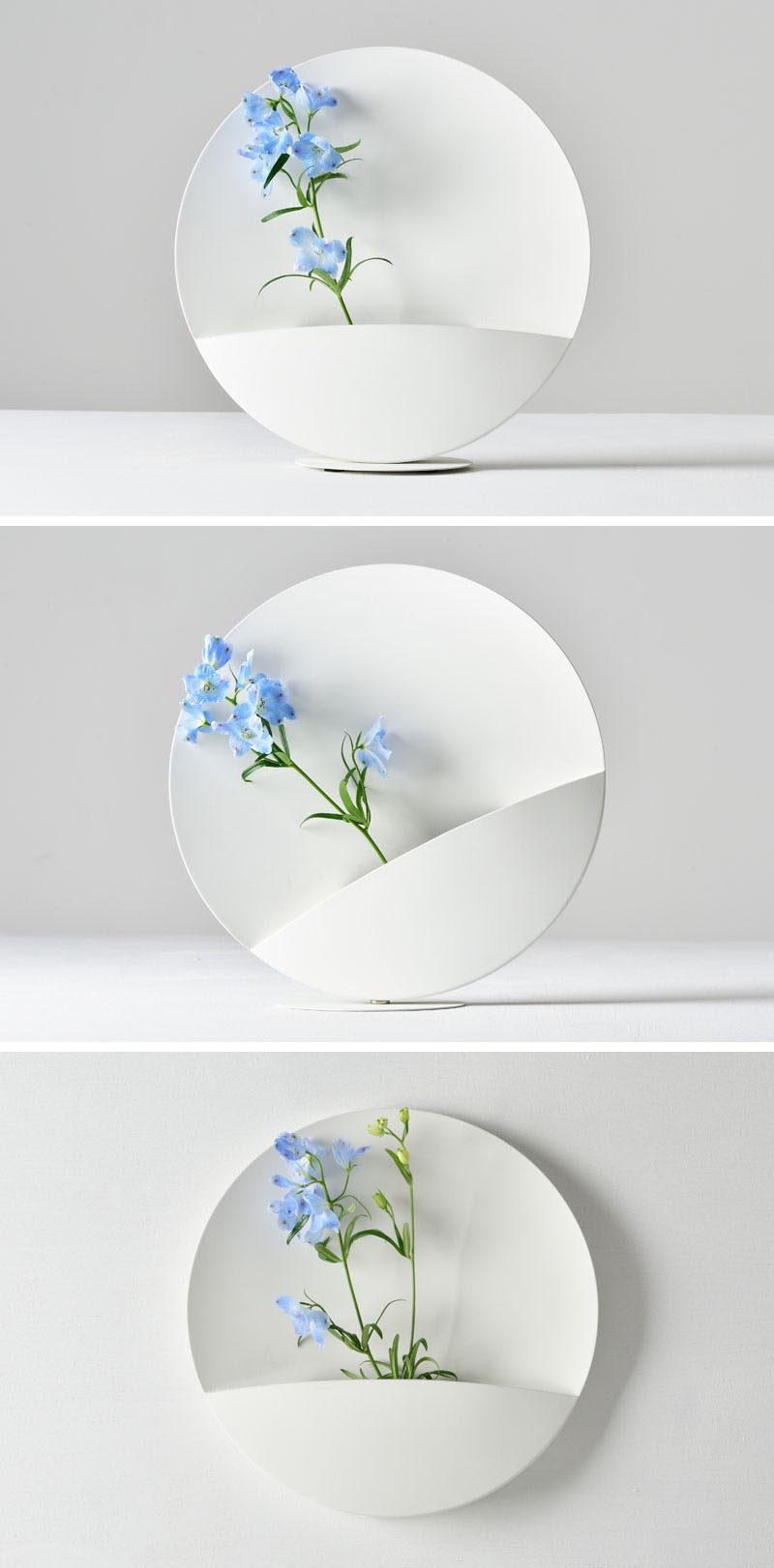 Shinya Oguchi has designed 'Picture', a minimalist white flower vase that has a strong magnet allowing the user to change the angle of the vase. #Vase #HomeDecor #Design