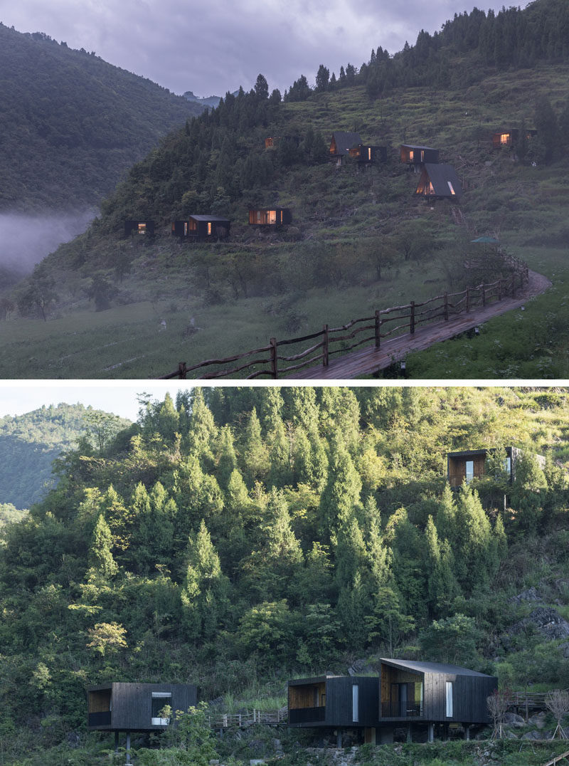 A collection of modern holiday cabins in Guizhou, China, surrounded by farmland, have been designed with shou sugi ban (blackened wood) facades. #Cabins #Hotel #Architecture