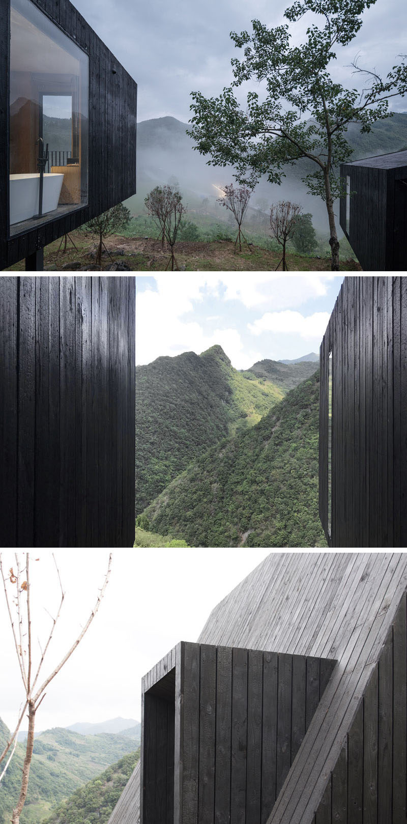 Blackened wood has been used as the exterior material for these cabins in rural China. #ShouSugiBan #Architecture