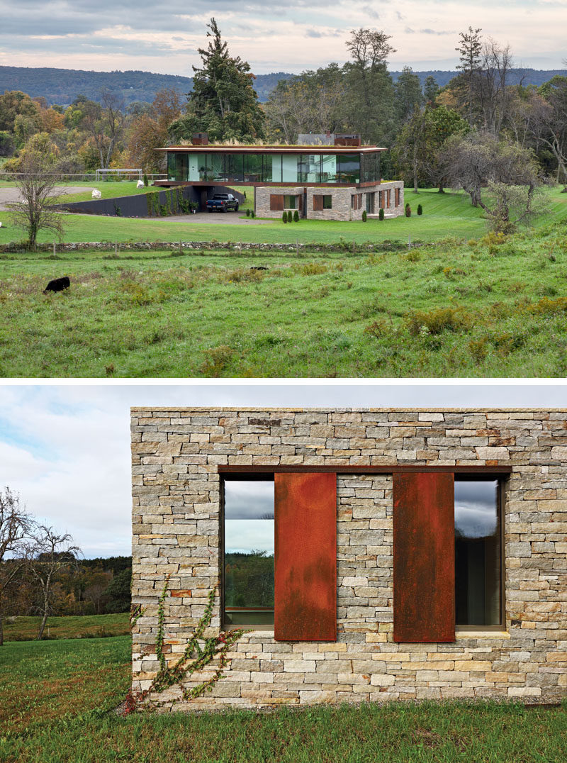 Slade Architecture have designed a new modern home in Stanford, New York, that's situated on a large 220 acre farm. #ModernHouse #Stone #ModernArchitecture