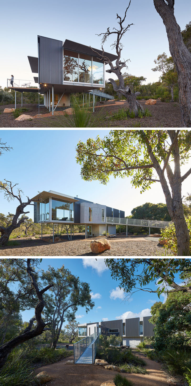 The exterior of this modern house is clad in durable, no-maintenance, and bushfire resistant finishes of colorbond sheeting, hot dip galvanized steel, raw compressed cement sheet, and raw spotted gum decking. #ModernHouse #ModernArchitecture #ElevatedHouse