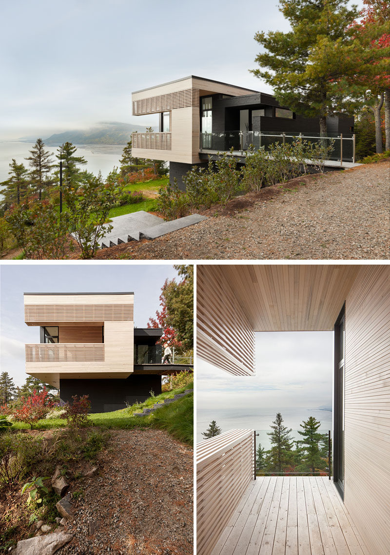 A bridge attached to this modern house invites visitors to the home, while a walkway, made of cedar, crosses the main volume toward a lookout point. #ModernHouse #ModernArchitecture