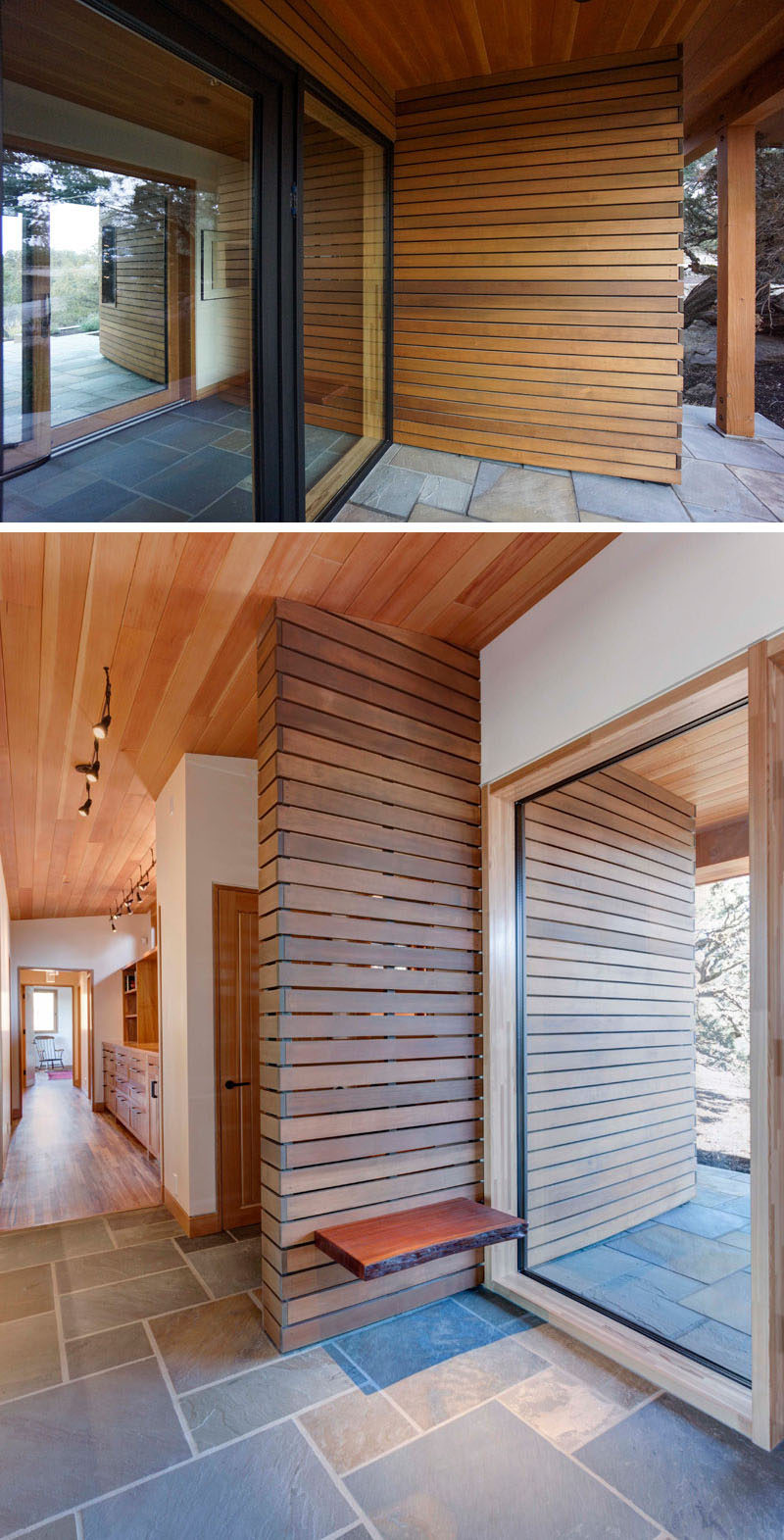 A curved entry wall escorts visitors into this home and widens to an expansive view of the valley beyond. A simple live edge wood slab serves as a bench for removing shoes upon entering the home. #Entryway #FrontDoor #Wood