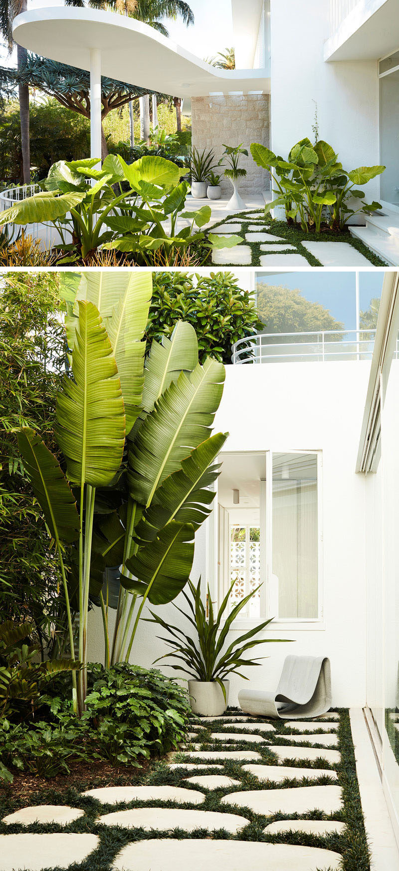 Influences from the work of Brazilian architect, Oscar Niemeyer, are evident throughout this house, like the voluptuous form of the concrete awning that covers the entry. #Landscaping #Architecture #ModernHouse