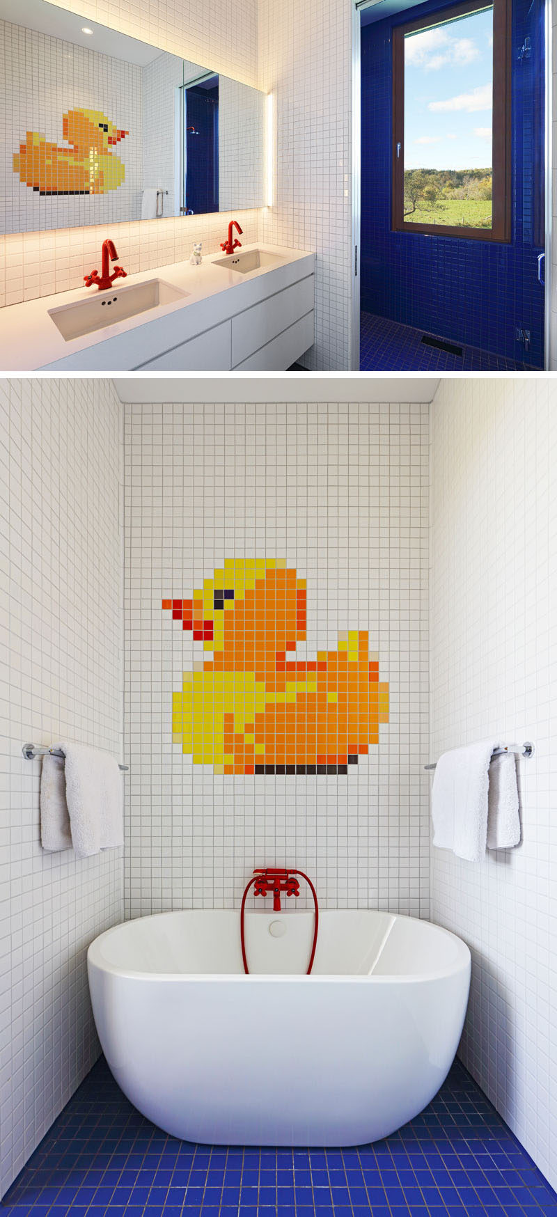In this modern bathroom, playful touches have been added in the form of a rubber ducky tile mosaic and red faucets. #ModernBathroom #BathroomDesign