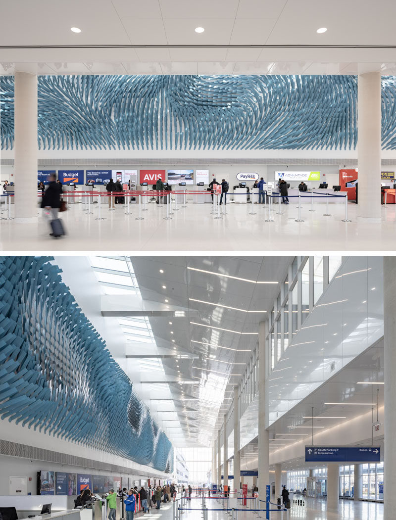 Artist Rob Ley has created 'Field Lines', a large art installation at O’Hare Airport Transit Hub in Chicago, Illinois, that's designed to evoke the flow of a steady breeze in a field. #Art #Sculpture #Design