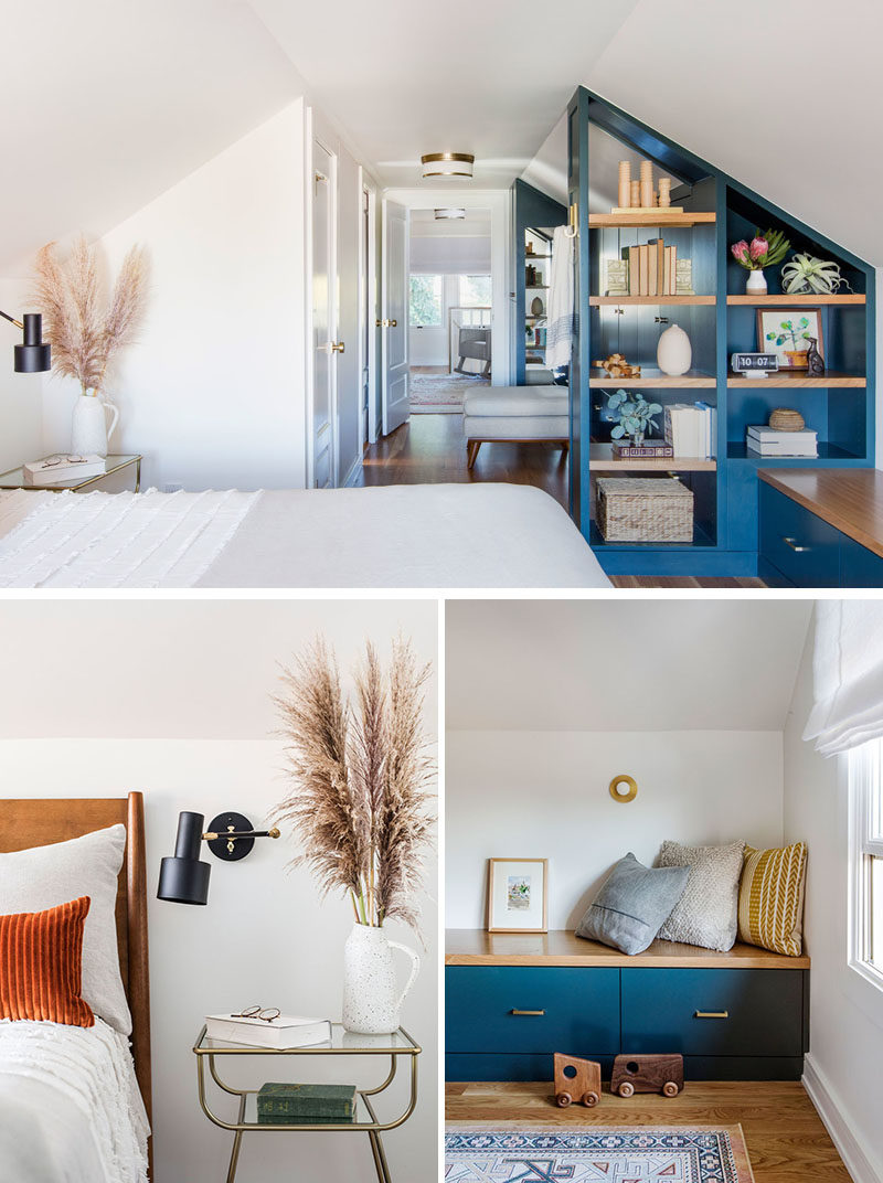 This updated master bedroom has a built-in bench that runs the length of the room and adds more storage in the form of drawers underneath. On the opposite wall, simple bedside tables are placed below minimalist matte black wall lamps. #MasterBedroom #BuiltInBench #BedroomDesign #Bookshelf