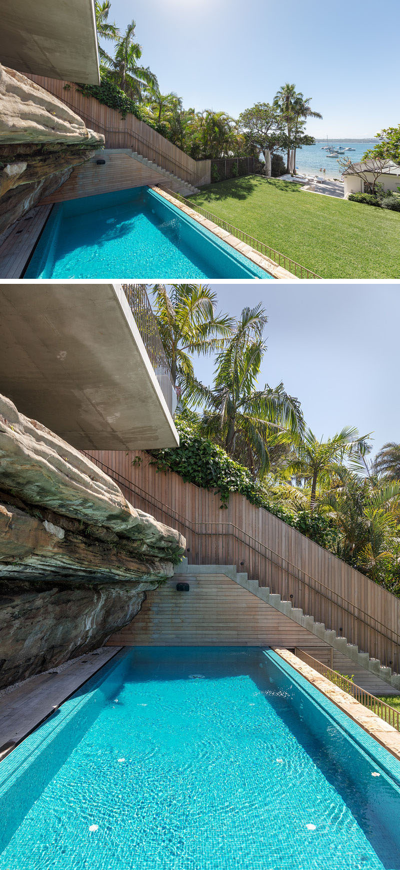 This modern tiered backyard has a swimming pool that's located beside a naturally occurring rock ledge. #SwimmingPool