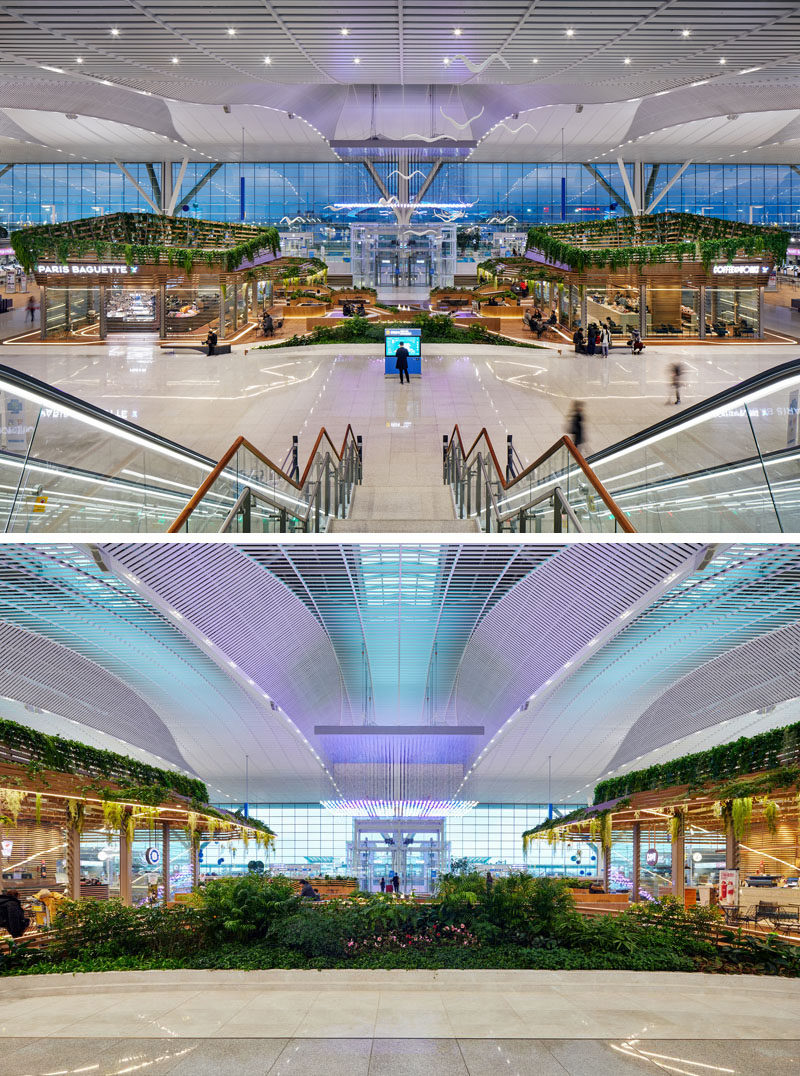 UNStudio have designed a pair of modern cafes within Incheon Aiport in South Korea, that feature wood and glass exteriors, lots of plants, and curved seating areas that connect the two locations. #Cafe #Retail #Architecture #Landscaping