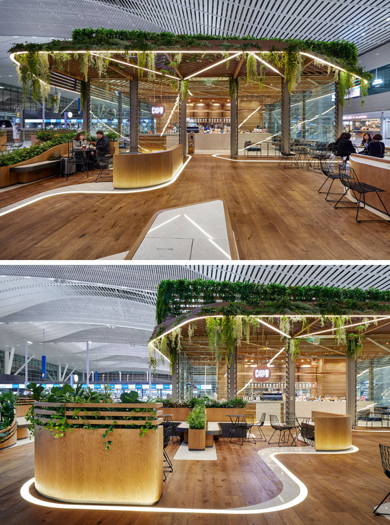 UNStudio have designed a pair of modern cafes within Incheon Aiport in South Korea, that feature wood and glass exteriors, lots of plants, and curved seating areas that connect the two locations. #Cafe #Retail #Architecture #Landscaping