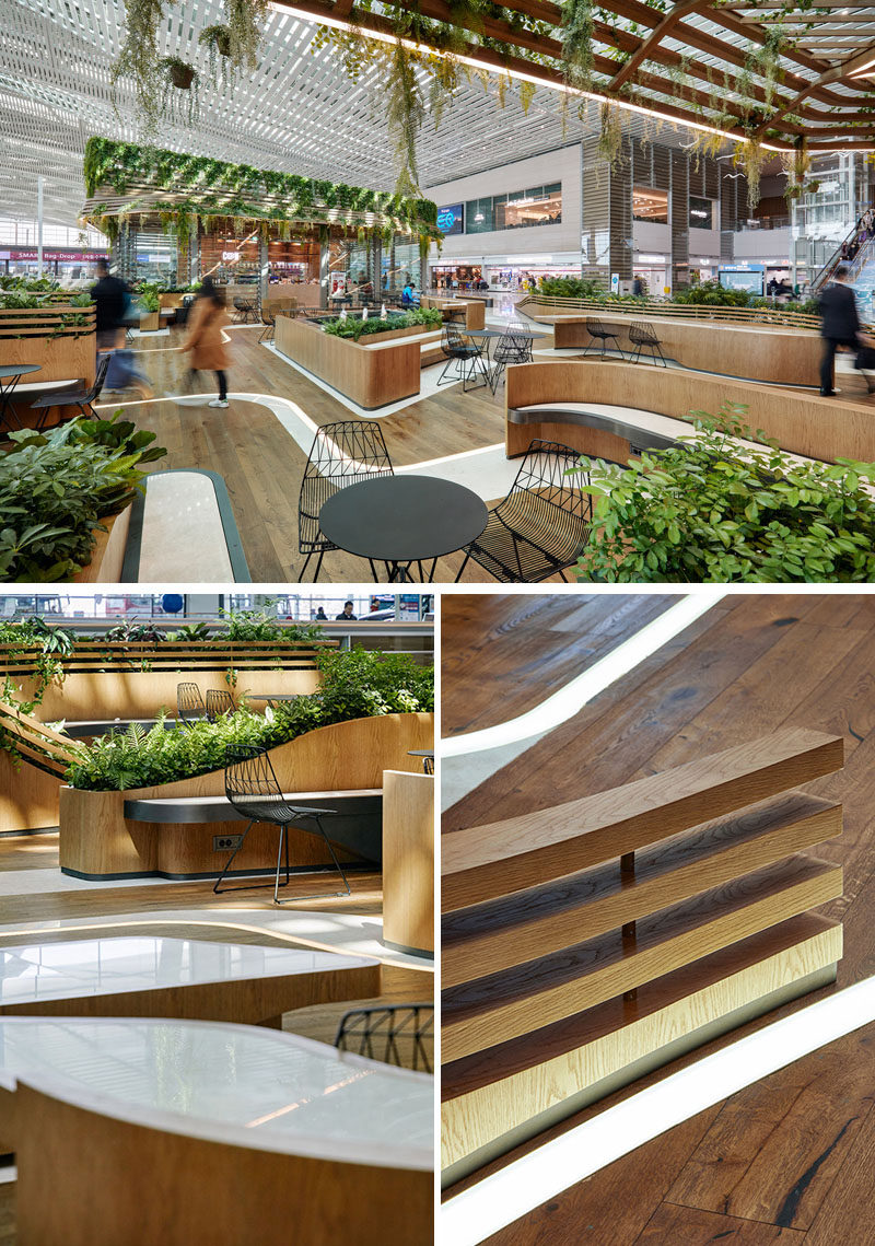 UNStudio have designed a pair of modern cafes within Incheon Aiport in South Korea, that feature wood and glass exteriors, lots of plants, and curved seating areas that connect the two locations. #Cafe #Retail #Architecture #Landscaping