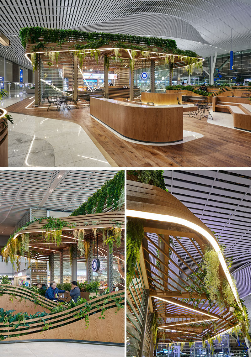 UNStudio have designed a pair of modern cafes within Incheon Aiport in South Korea, that feature wood and glass exteriors, lots of plants, and curved seating areas that connect the two locations. #Cafe #Retail #Architecture #Landscaping