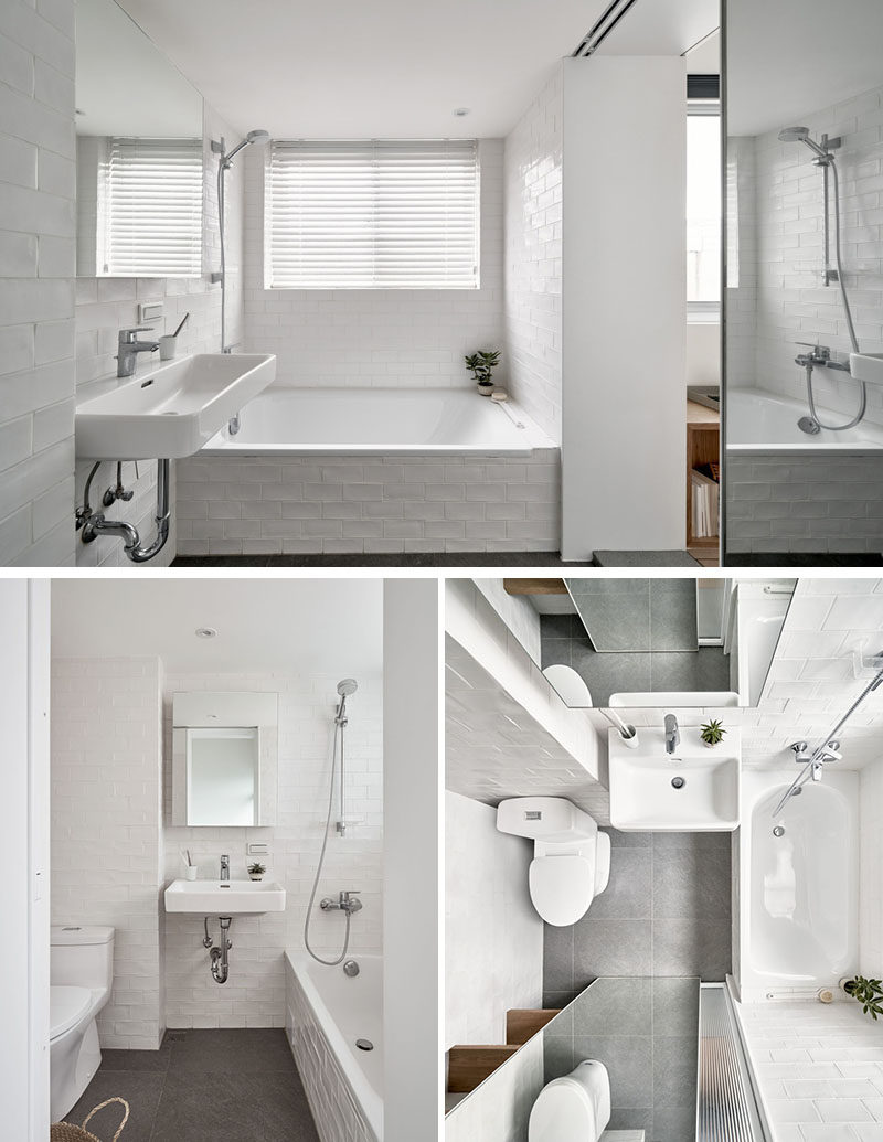 In this modern bathroom, there's a bath/shower combo on one side of the vanity, and on the other is the toilet and some open shelving. By using white walls on the walls, it helps to keep the small space bright, making it feel larger than it is. #ModernBathroom #SmallBathroom #WhiteBathroom