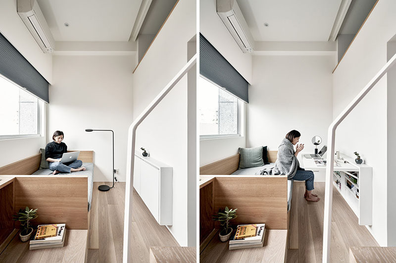 In the living room of this small apartment, there's a couch which can also be used as a guest bed, and a wall unit that opens to a desk or dining table. #LivingRoom #TinyLiving #SmallApartment