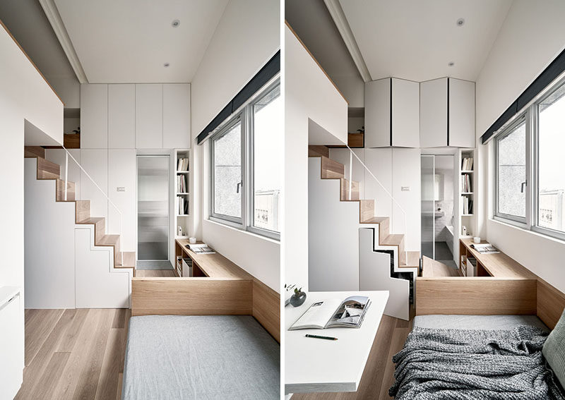 Storage is hidden throughout this tiny apartment, like cupboards above the door to the bathroom, and underneath the stairs. #Storage #TinyLiving #SmallApartment