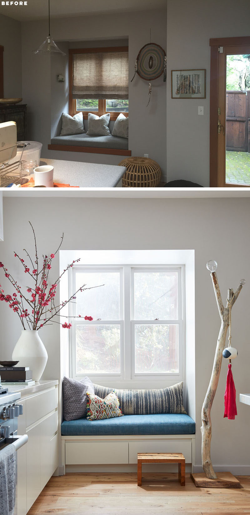 A small alcove with a window seat was given a fresh update with white window trims and a colorful blue cushioned bench. Below the seat, built-in storage has been added. #WindowSeat #InteriorDesign